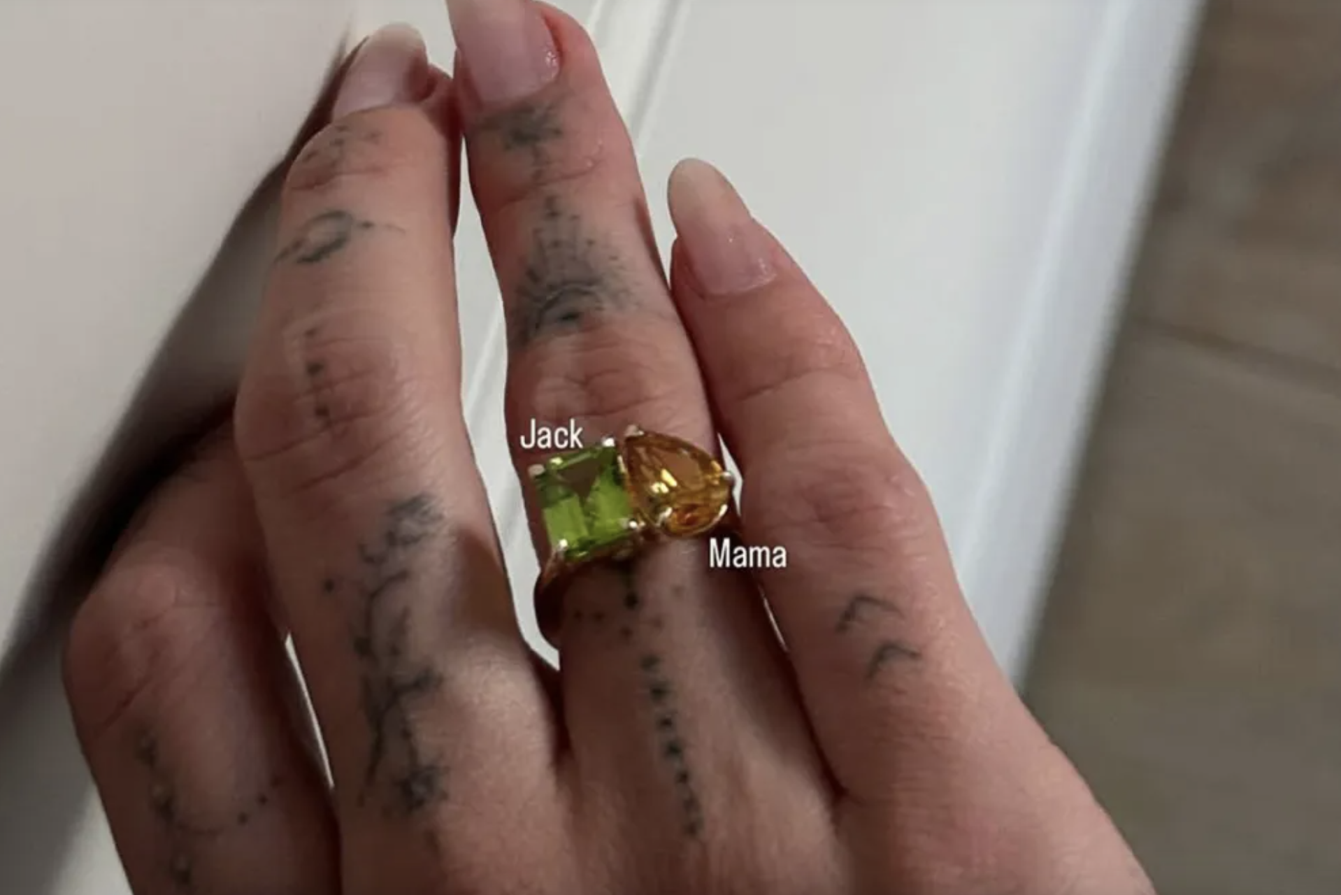 Hailey Bieber shows off birthstone ring